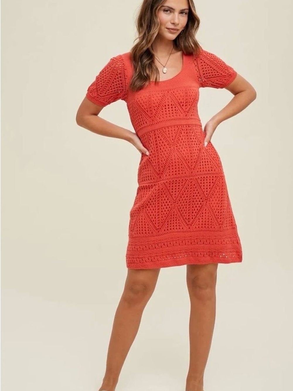Wishlist Apparel Geometric Crochet Short Sleeve Mini Dress - Papaya -Small